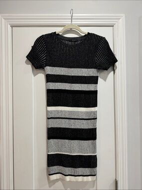 Black and Gray Striped Knit Mini Dress